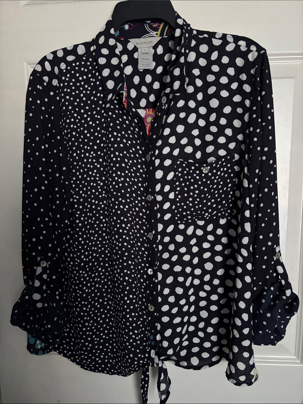 Multiples Black and White Polka Dot Mixed-Print Button Down Shirt